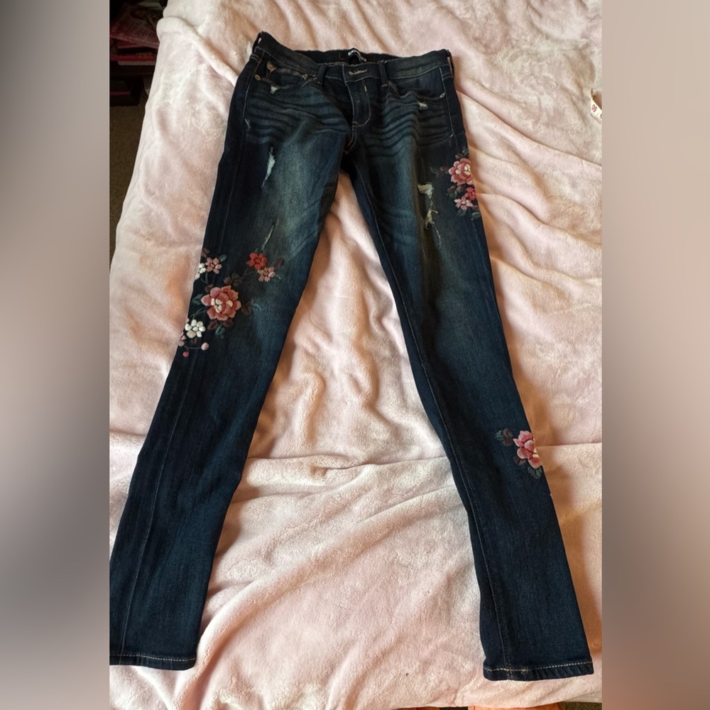 Express Blue and Pink Flower Detail  Skinny Jeans